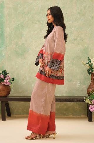 Manto Women's Stitched 2 Piece Beige Co-Ord Set