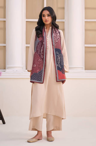 Manto's Unisex Maroon Double Sided Silk Stole with Urdu Calligraphy Paired with White Solid Co-Ord