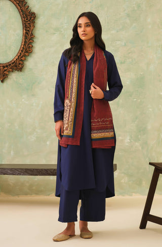Manto Women's Maroon Hijab Friendly Scarf with Urdu Calligraphy Paired with Blue Solid Co-Ord