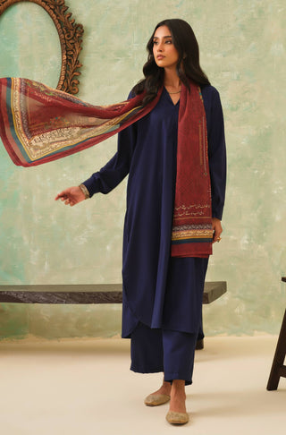 Manto Women's Maroon Hijab Friendly Scarf with Urdu Calligraphy Paired with Blue Solid Co-Ord