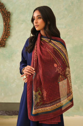 Manto Women's Maroon Hijab Friendly Scarf with Urdu Calligraphy Paired with Blue Solid Co-Ord