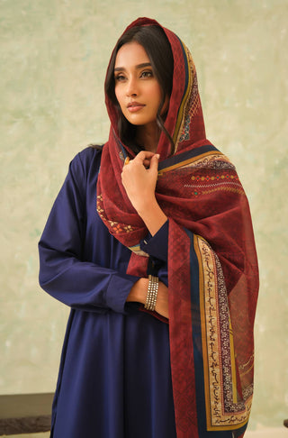 Manto Women's Maroon Hijab Friendly Scarf with Urdu Calligraphy Paired with Blue Solid Co-Ord