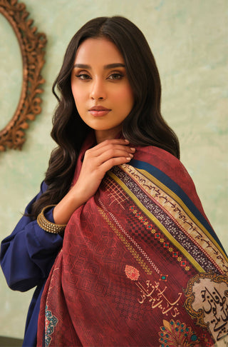 Manto Women's Maroon Hijab Friendly Scarf with Urdu Calligraphy Paired with Blue Solid Co-Ord