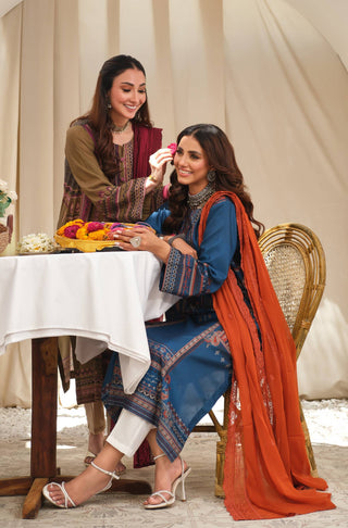 Manto Women's Ready to Wear 1 Piece Blue Kurta with Urdu Calligraphy