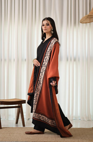 Manto's Unisex Rustic Orange Winter Shawl featuring Urdu Calligraphy on the Borders