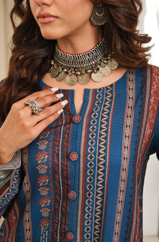 Manto Women's Ready to Wear 1 Piece Blue Kurta with Urdu Calligraphy