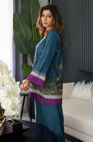 Manto Women's Stitched Crepe 2 Piece Matching Teal Khwahish Co-ord Set, with Short Shirt Kurta & WIde Leg Trouser Pants Featuring Poetry of Behzad Lucknavi