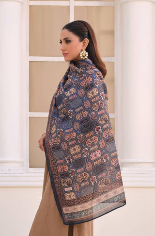 Manto's Women Blue Silk Scarf with Urdu Calligraphy Paired with Beige Solid Co-Ord