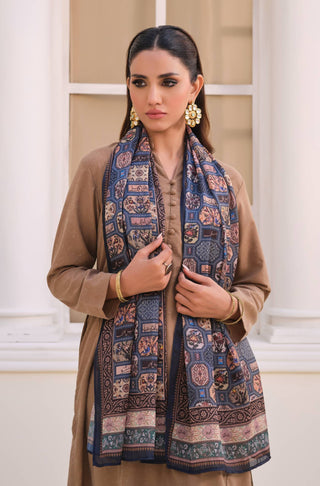 Manto's Women Blue Silk Scarf with Urdu Calligraphy Paired with Beige Solid Co-Ord