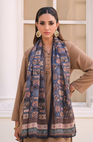 Manto's Women Blue Silk Scarf with Urdu Calligraphy Paired with Beige Solid Co-Ord