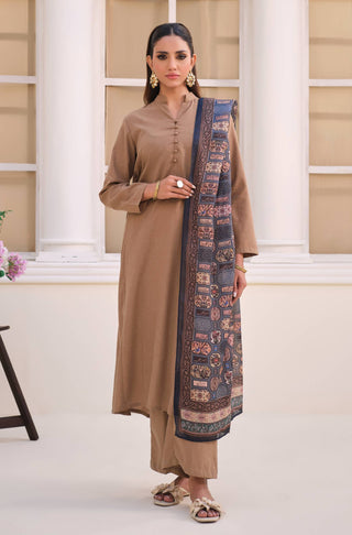 Manto's Women Blue Silk Scarf with Urdu Calligraphy Paired with Beige Solid Co-Ord