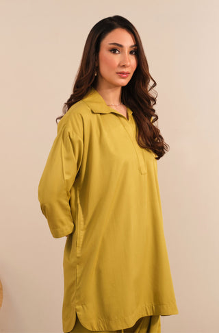 Manto Women's Lime Green 2-Piece Solid Co-Ord Set