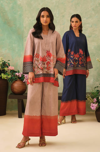 Manto Women's Stitched 2 Piece Beige & Blue Co-Ord Set