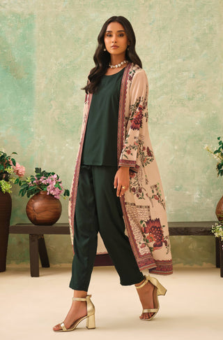 Women's Floral Printed Beige Outerwear Shrug Paired with Forest Green Inner & Straight Pants