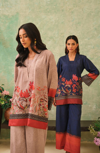 Manto Women's Stitched 2 Piece Beige & Blue Co-Ord Set