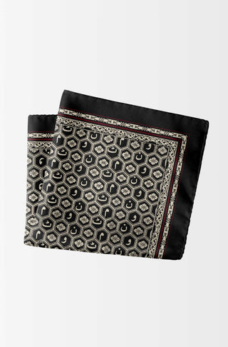 Manto Menswear Black Uraan Pocket Square Accessory Featuring Calligraphy of Urdu Letters MANTO
