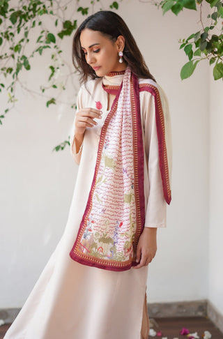 Manto Women's Stitched 1 Piece Crepe Silk Beige & Maroon Khwahish Stole Featuring Poetry of Behzad Lucknavi