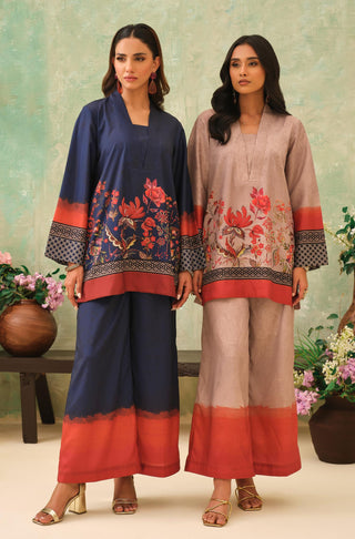Manto Women's Stitched 2 Piece Beige & Blue Co-Ord Set