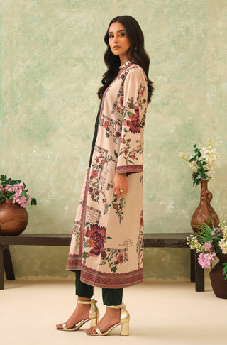 Women's Floral Printed Beige Outerwear Shrug Paired with Forest Green Inner & Straight Pants