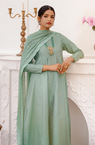 Shopmanto, wear manto, manto clothing brand, manto pakistan, ladies clothing brand, urdu calligraphy clothing, manto sage green colour solid women jahaan anarkali 2 piece co-ord set with chiffon dupatta
