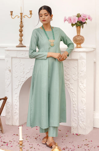 Shopmanto, wear manto, manto clothing brand, manto pakistan, ladies clothing brand, urdu calligraphy clothing, manto sage green colour solid women jahaan anarkali 2 piece co-ord set with chiffon dupatta