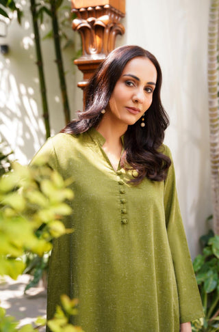Manto Women's 2 Piece Olive Green Solid Kalidaar Co-ord Set with Paneled Shirt with Loop Buttons on the Neckline