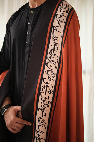 Manto's Unisex Rustic Orange Winter Shawl featuring Urdu Calligraphy on the Borders