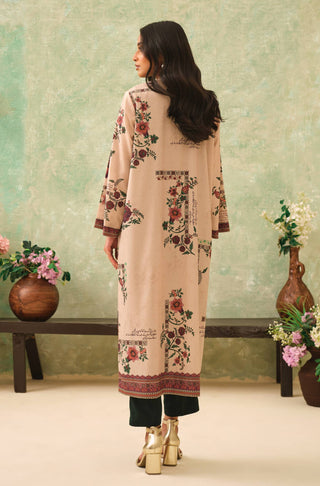 Women's Floral Printed Beige Outerwear Shrug Paired with Forest Green Straight Pants