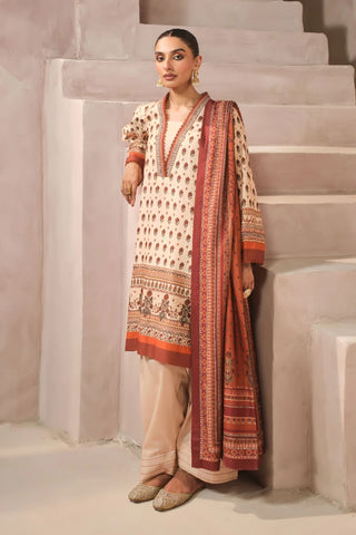 Woman in traditional outfit with a patterned dupatta standing on stairs.