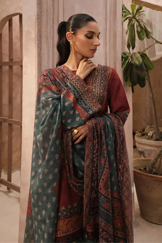 Woman wearing a traditional outfit with intricate patterns in a home setting