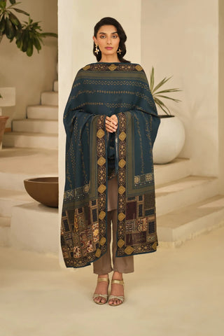 Shop Aashiyana Odhni, made from Cotton Silk in teal color, a printed odhni that features the words of Allama Iqbal.