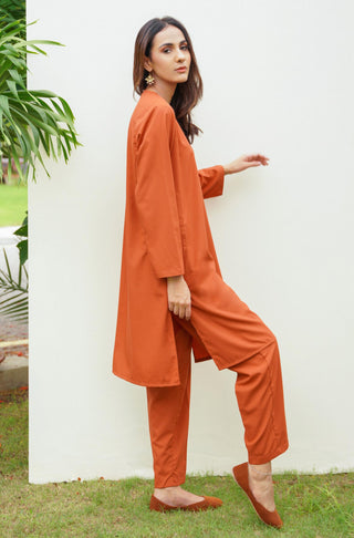 Side Detail of Manto Women's Two Piece Solid Orange Co-Ord Set