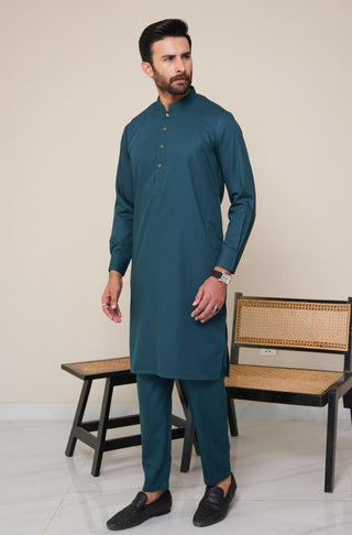Shopmanto, wear manto, manto clothing brand, manto pakistan, ladies clothing brand, urdu calligraphy clothing, OG wearmanto men's collection wash n wear sherwani collar 2 piece solid deep teal colour kurta and pajama
