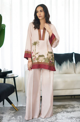 Manto Women's Stitched Crepe 2 Piece Matching Beige Khwahish Co-ord Set, with Short Shirt Kurta & WIde Leg Trouser Pants Featuring Poetry of Behzad Lucknavi