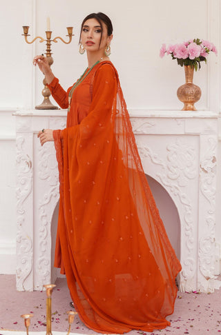 Shopmanto, wear manto, manto clothing brand, manto pakistan, ladies clothing brand, urdu calligraphy clothing, manto burnt orange colour solid women jahaan embroidered chiffon dupatta with solid 2 piece co-ord set, dupatta
