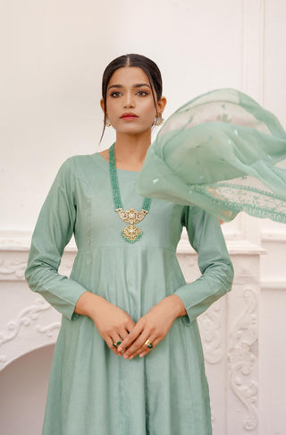 Shopmanto, wear manto, manto clothing brand, manto pakistan, ladies clothing brand, urdu calligraphy clothing, manto sage green colour solid women jahaan anarkali 2 piece co-ord set with chiffon dupatta