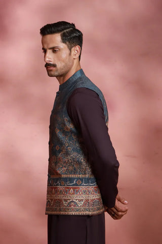 Manto Men's Festive Wear Raw Silk Grey Vasket with Urdu Calligraphy