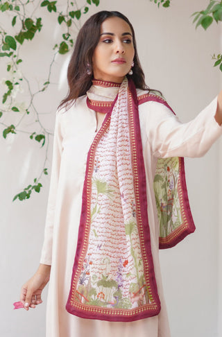 Manto Women's Stitched 1 Piece Crepe Silk Beige & Maroon Khwahish Stole Featuring Poetry of Behzad Lucknavi