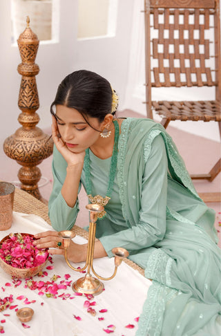 Shopmanto, wear manto, manto clothing brand, manto pakistan, ladies clothing brand, urdu calligraphy clothing, manto sage green colour solid women jahaan embroidered chiffon dupatta with solid 2 piece co-ord set, dupatta