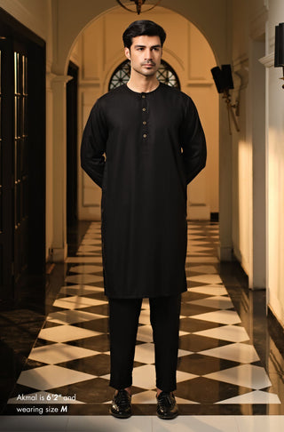 Manto Men's Jet Black Wash-n-Wear Lucknow Collar Kurta & Pajama Set