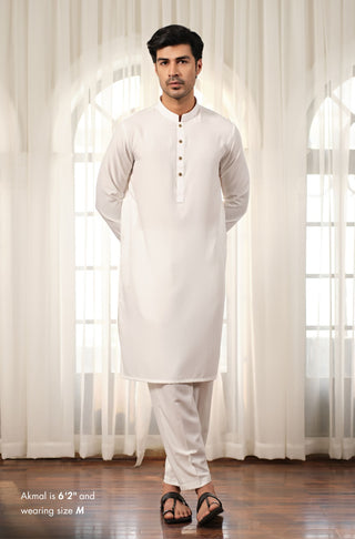 Manto Men's Cloud White Wash-n-Wear Sherwani Collar Kurta & Pajama Set