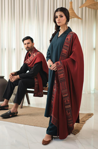 Manto's Unisex Maroon Manzil Shawl with Printed Borders