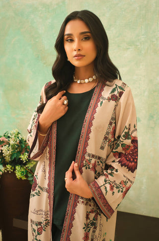 Women's Floral Printed Beige Outerwear Shrug Paired with Forest Green Inner