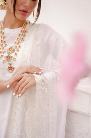 Shopmanto, wear manto, manto clothing brand, manto pakistan, ladies clothing brand, urdu calligraphy clothing, manto cloud white colour solid women jahaan embroidered chiffon dupatta with solid 2 piece co-ord set, dupatta