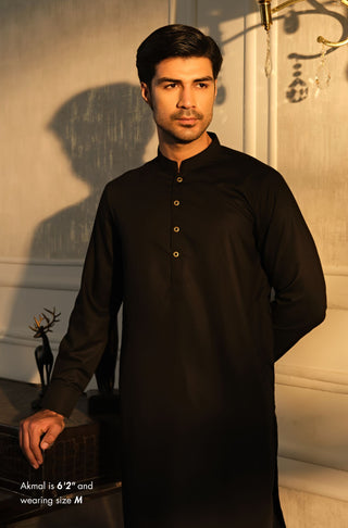 Manto Men's Jet Black Wash-n-Wear Sherwani Collar Kurta & Pajama Set