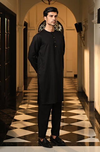Manto Men's Jet Black Wash-n-Wear Lucknow Collar Kurta & Pajama Set
