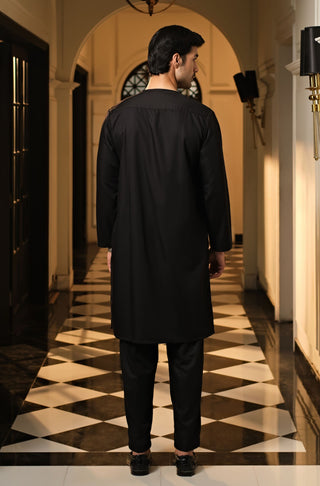 Manto Men's Jet Black Wash-n-Wear Lucknow Collar Kurta & Pajama Set