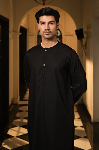 Manto Men's Jet Black Wash-n-Wear Lucknow Collar Kurta & Pajama Set