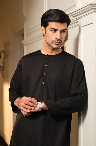 Manto Men's Jet Black Wash-n-Wear Lucknow Collar Kurta & Pajama Set