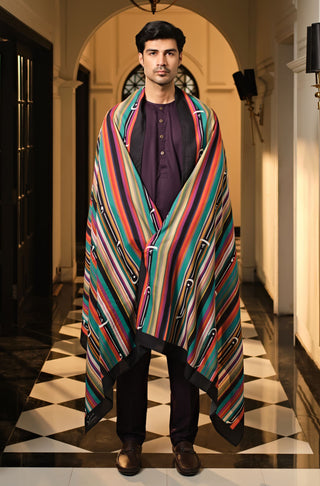 Manto Men's Deep Purple Wash-n-Wear Lucknow Collar Kurta & Pajama Set Paired with Rangreza Odhni